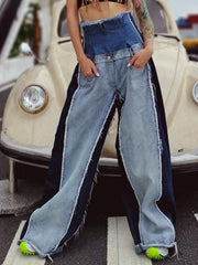 Stylish Empire Fringed Stitching Wide-Leg Jean Pants