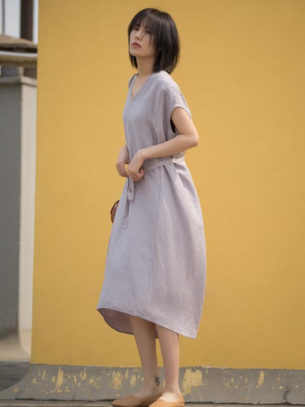 Loose Linen Lace-Up V-Neck Soft Dress