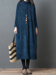 Retro High Neck Solid Color Long Sleeve  Midi Dress