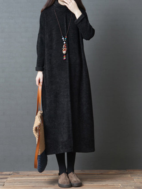 Retro High Neck Solid Color Long Sleeve  Midi Dress