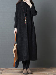 Retro High Neck Solid Color Long Sleeve  Midi Dress