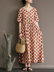 Loose Polka Dot Printed V-neck Long Dress