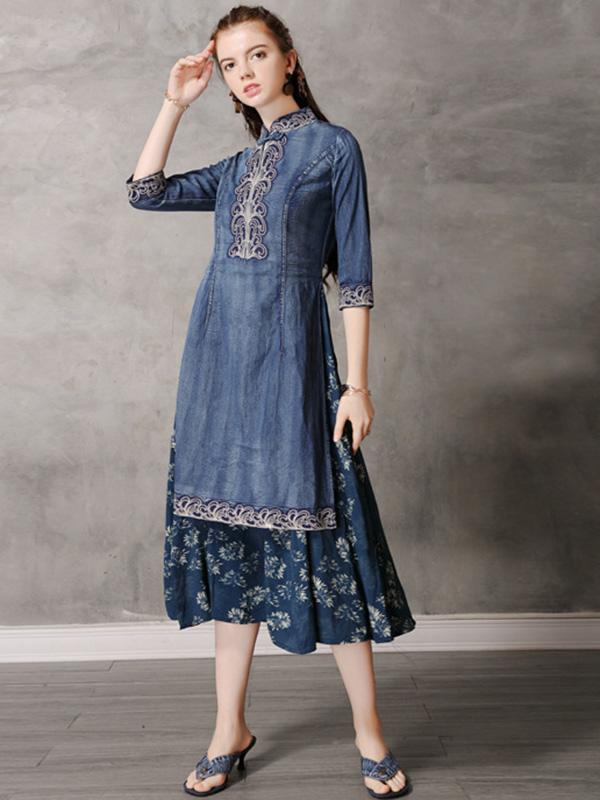 Retro Embroidered Split-joint Denim Dress