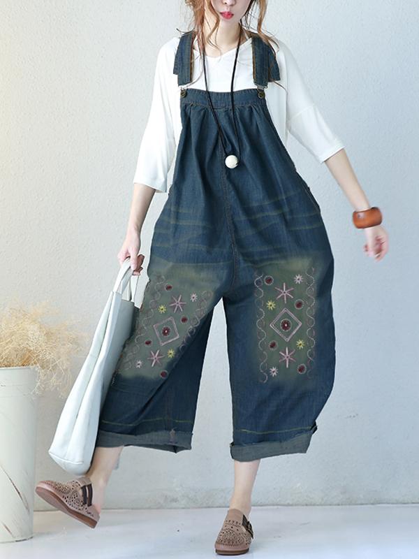 Loose Denim Embroidered Wide Leg Jumpsuit