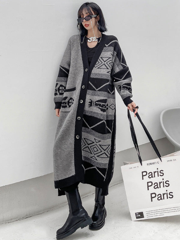 Urban Roomy Knitting Asymmetric Jacquard Cardigan Coat