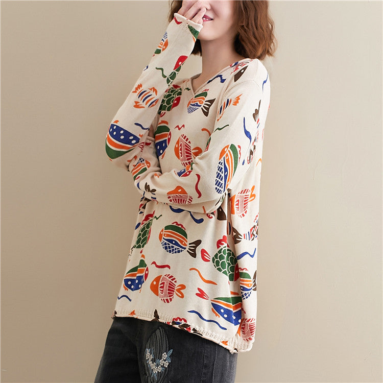 Women Retro Print Loose Knit Sweater