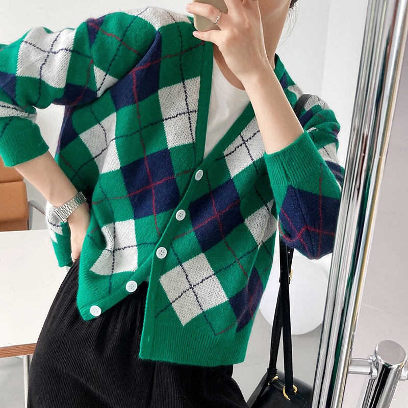 Retro Plaid Print V-Collar Casual Sweater