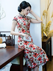 White Flower Printed  Midi Cheongsam