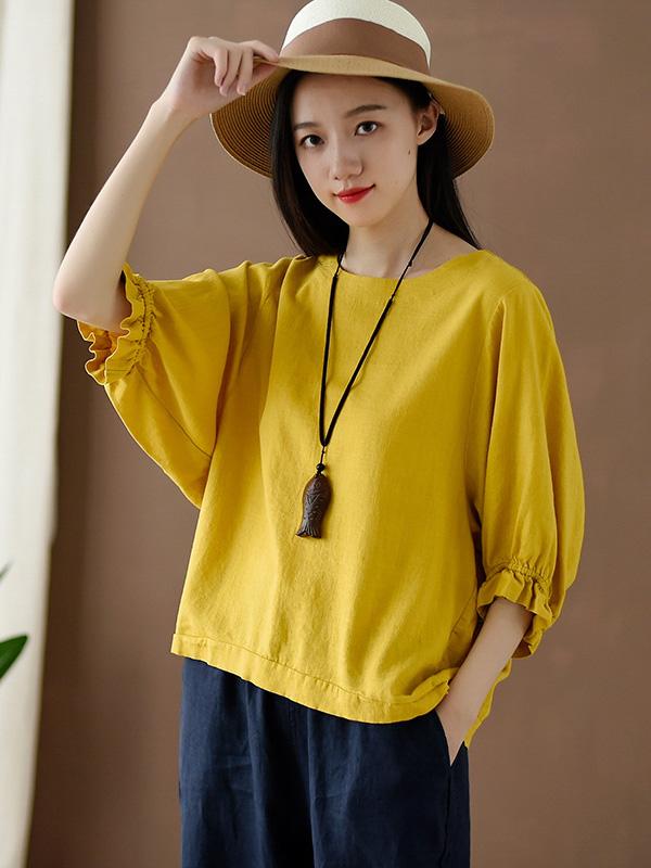 Loose Solid Round-neck Ramie T-shirt