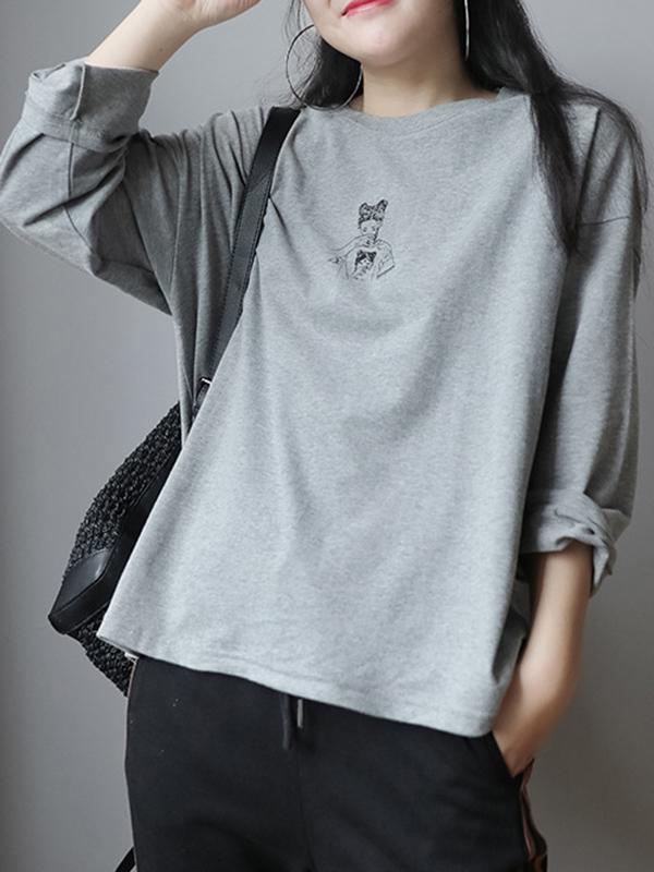 Loose Casual Printed Long Sleeve Round Neck T-Shirt