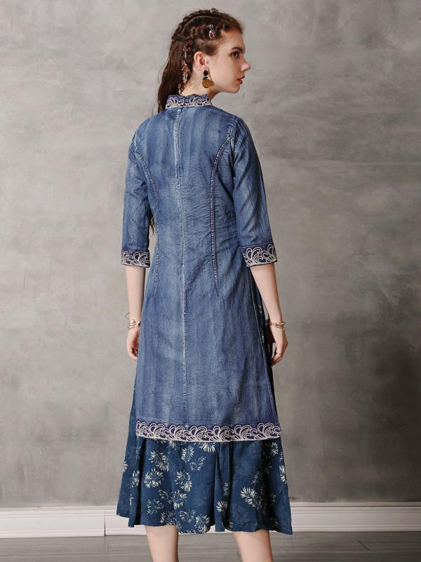 Retro Embroidered Split-joint Denim Dress