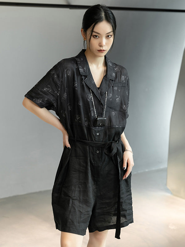 Urban Black Linen Stamped Notched Collar Rompers