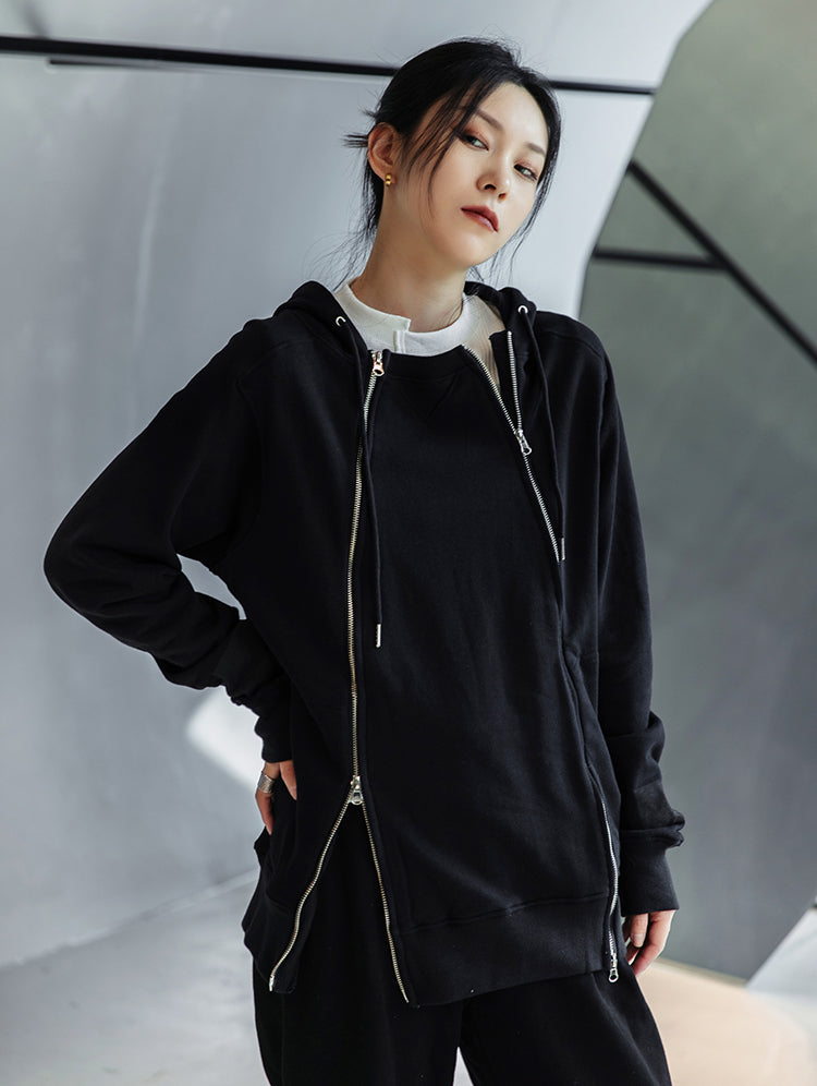 Double Zipper Design Casual Hooded Sweatshirt