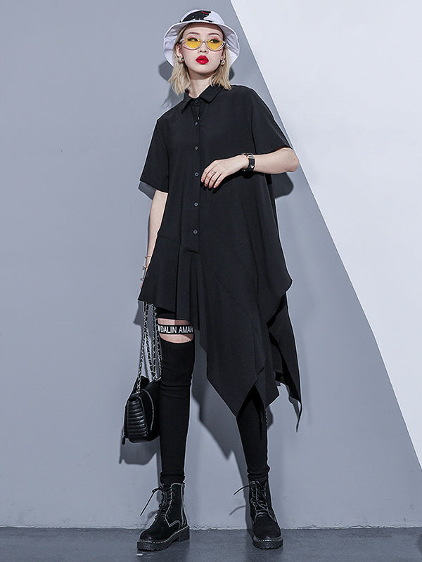 Urban Irregular Short Sleeves Black Blouse Shirt Dress