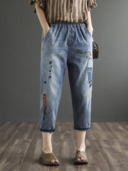 Original Cartoon Printed Denim Capri-Pants