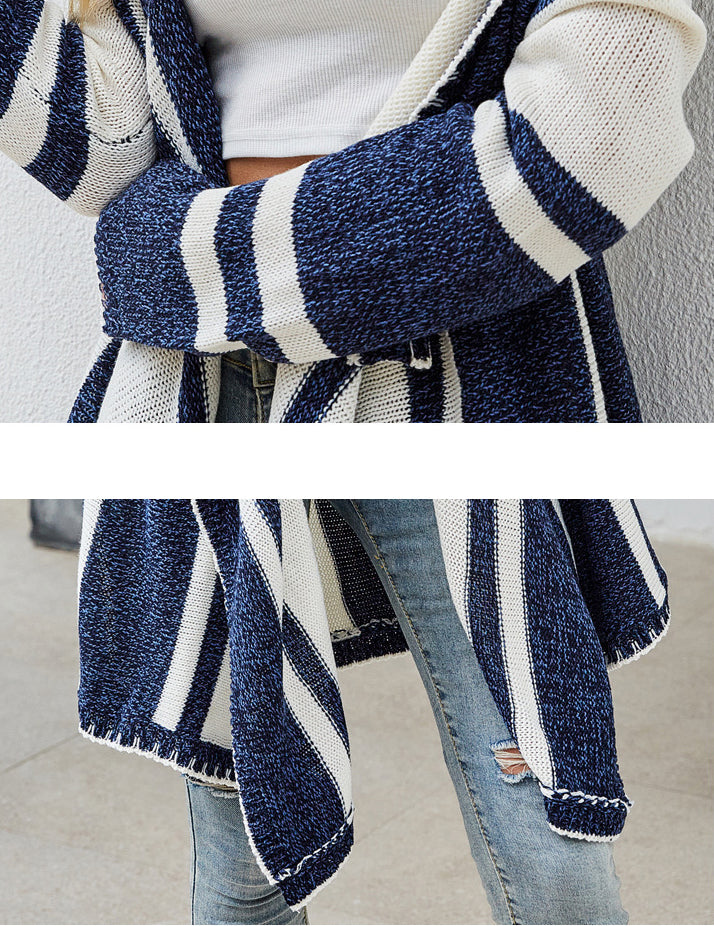 Striped Contrast Color Hooded Irregular Knit Sweater Outwear