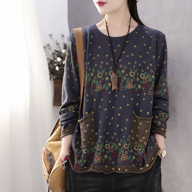 Retro Casual Crew Neck Printed Sweater