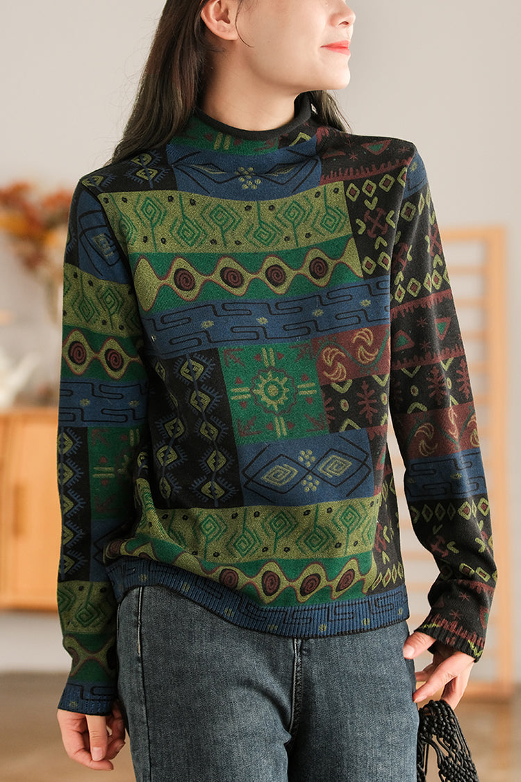 Loose Color Blocking Print Sweater