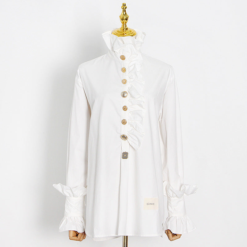 College Style Lace Stand Collar Splicing Shirt