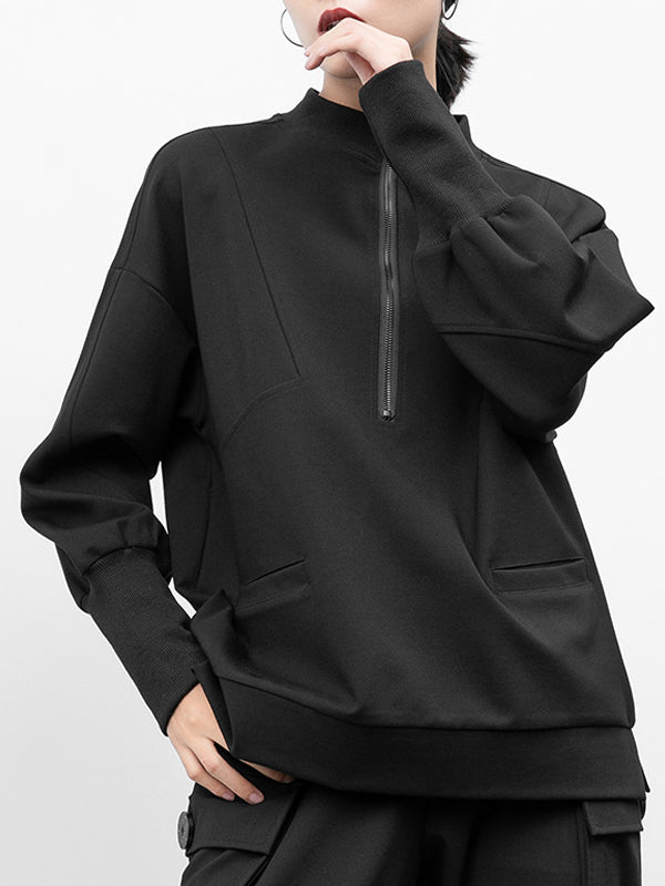 Black Zip Pullover Loose T-Shirt Tops