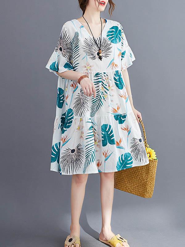 Fashion 2 Colors Printed V-Neck Dress