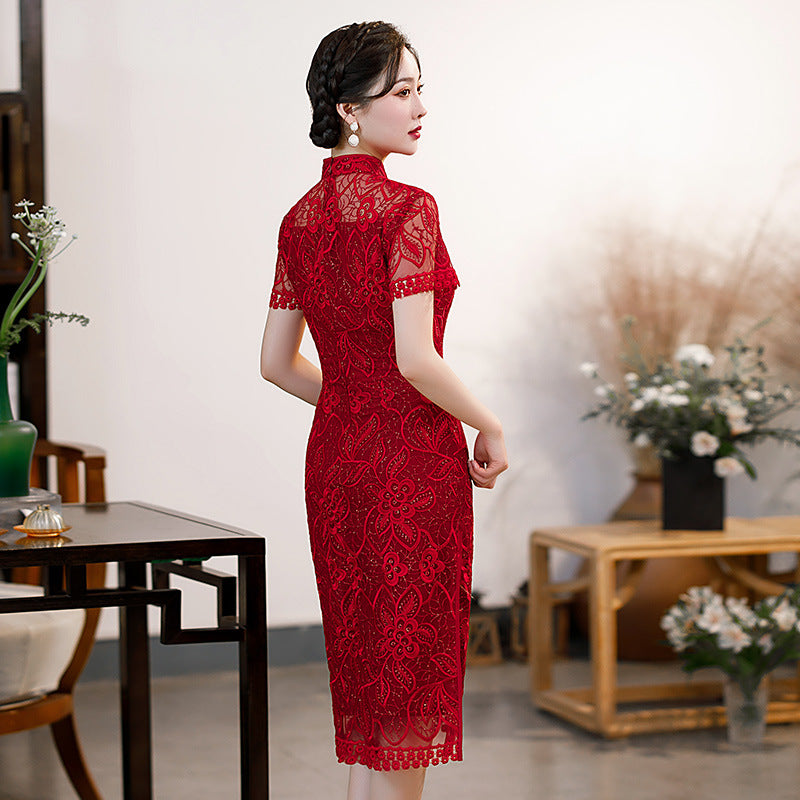 Sequin Hollowed Out Round Lapel Slim Fit Cheongsam With Low Slit Midi Dress