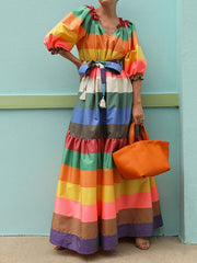 Puff Sleeves Belted Multi-Colored Split-Joint Striped V-Neck Maxi Dresses