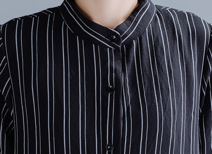 Vintage Stand Collar Striped Shirt Dress