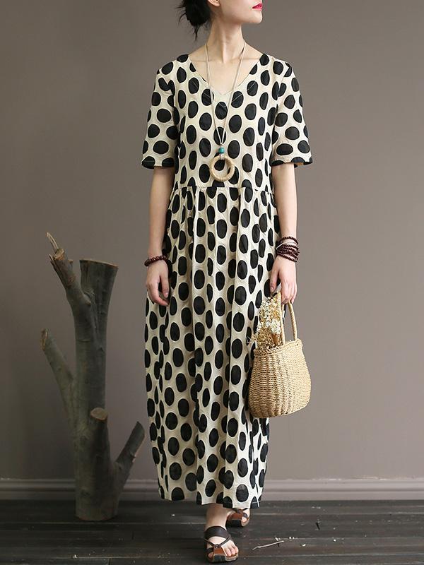 Loose Polka Dot Printed V-neck Long Dress