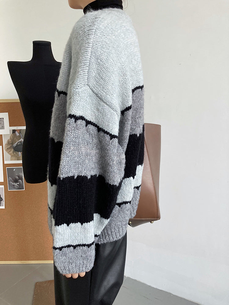 Color Block Round Neck Knitted Sweater Coat