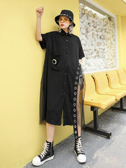 Loose Mesh Splicing Short Sleeve Shirt Dress