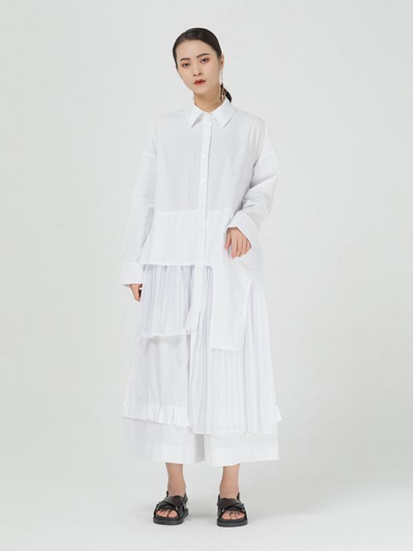 Cropped Splicing Pleated Shirt Midi Dress
