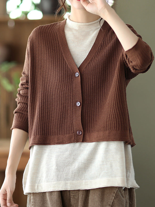 Retro Color-Block Fake Two-Piece Knitted Sweater Cardigan