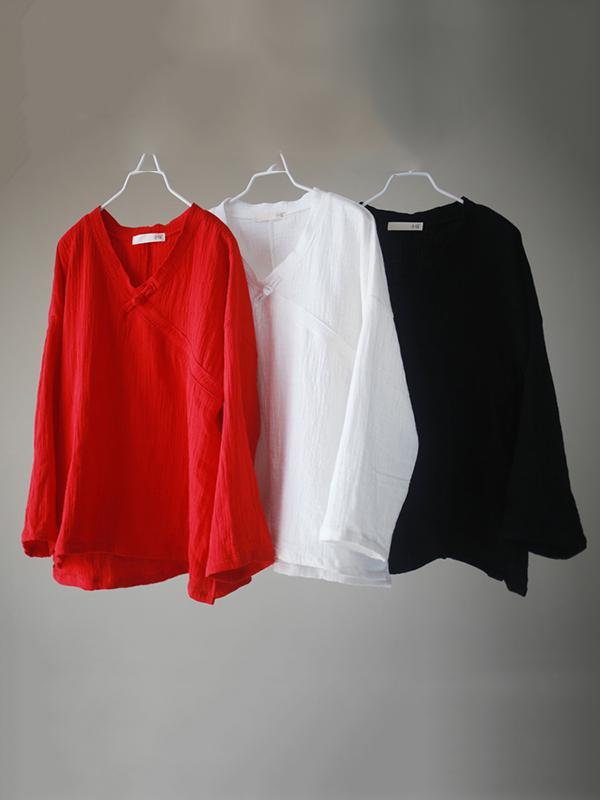 3Color Comfortable National Style Botton Blouses
