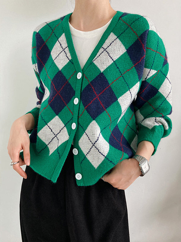 Retro Plaid Print V-Collar Casual Sweater