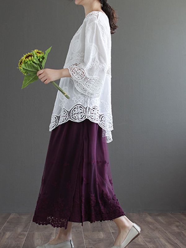 Round Neck Embroidered Hollow Half Sleeves Blouse