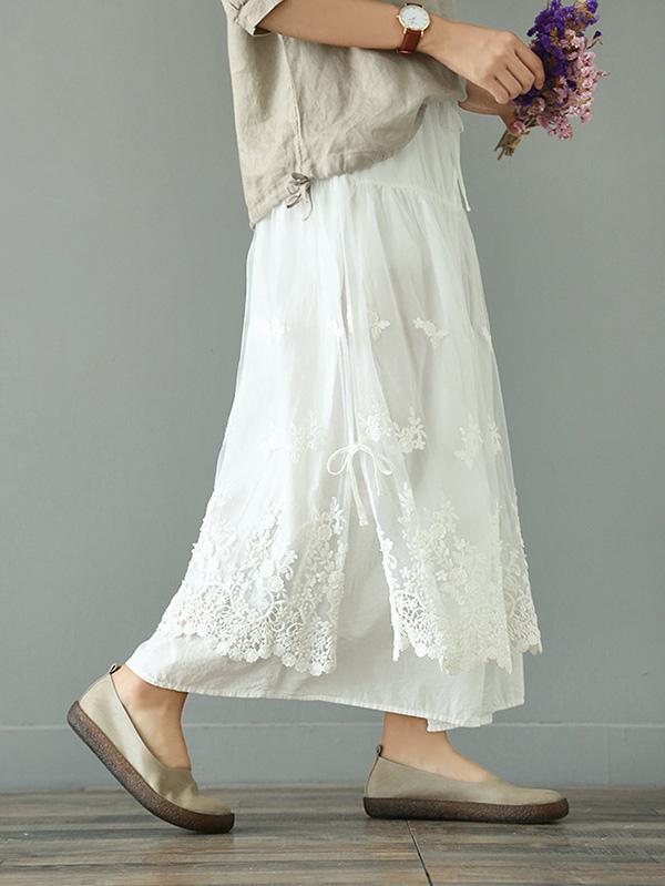 Loose Tiered Gauze Embroidered Lace Skirt