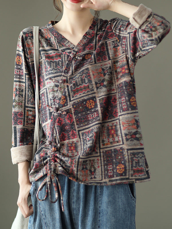 Retro Printed Long Sleeves Drawstring Blouse