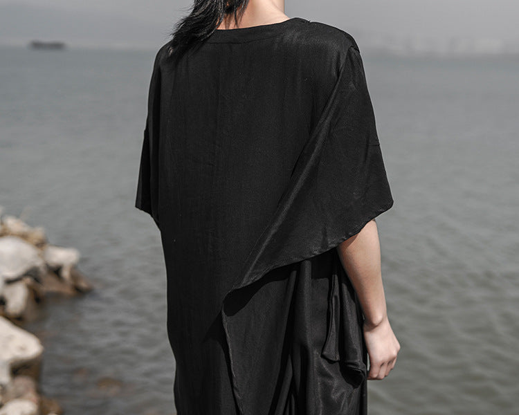 Women V-Neck Asymmetrical Loose Pleated Casual Dress