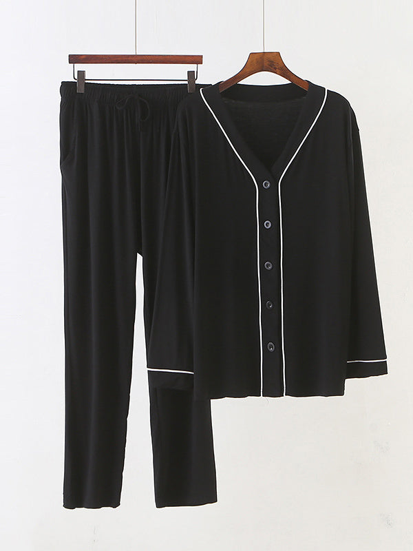 Two Pieces Solid Color Loose Comfort Tops And Pants Pajamas