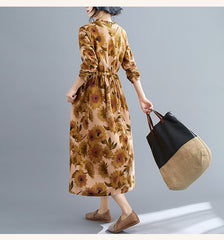 Women Retro Print Stand Collar Dress