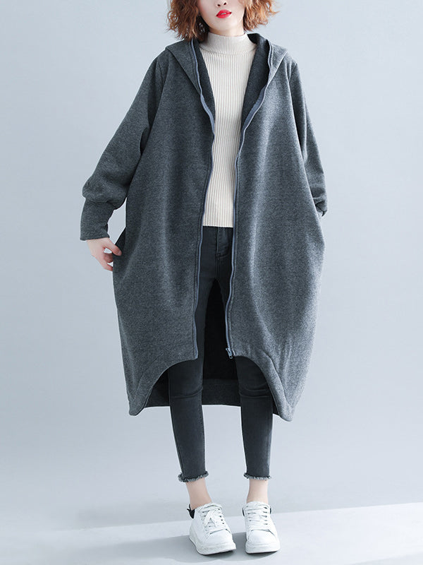 Casual Loose High-Low Solid Color Zipper Hooded Outerwear