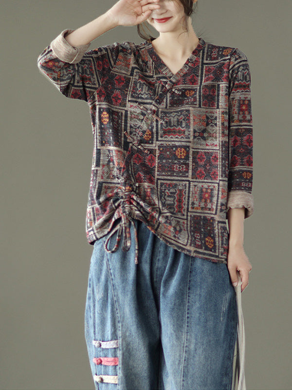 Retro Printed Long Sleeves Drawstring Blouse