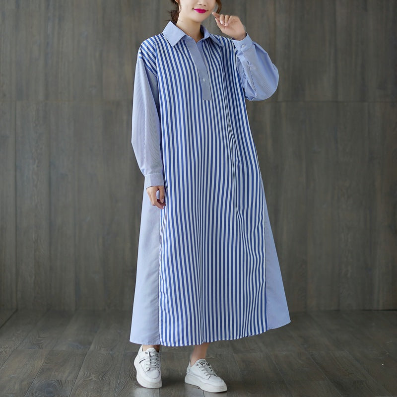 Loose Color Contrast Stripe Stitching Midi  Dress