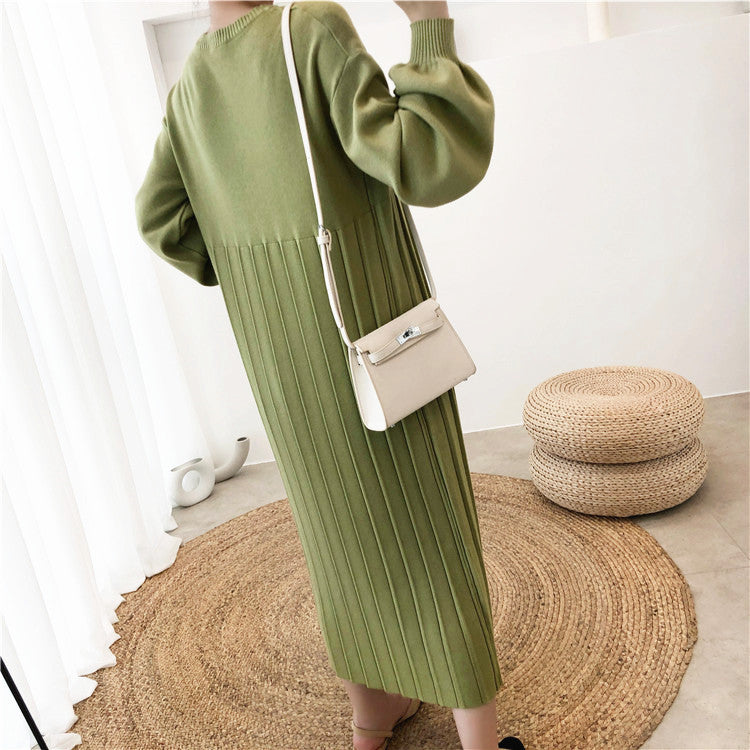 Casual Solid Color Round-Neck Knitted Midi Dress