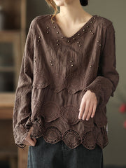 Solid Embroidered Long Sleeves Lace T-Shirt