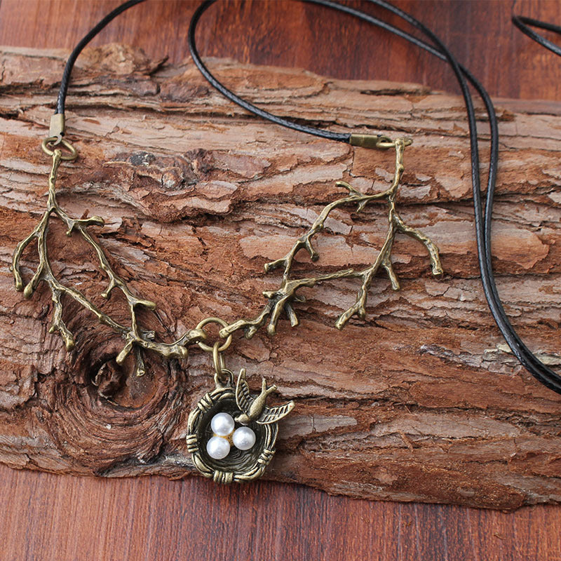 Wax Rope Necklace Alloy Bird's Nest Pendant Necklace