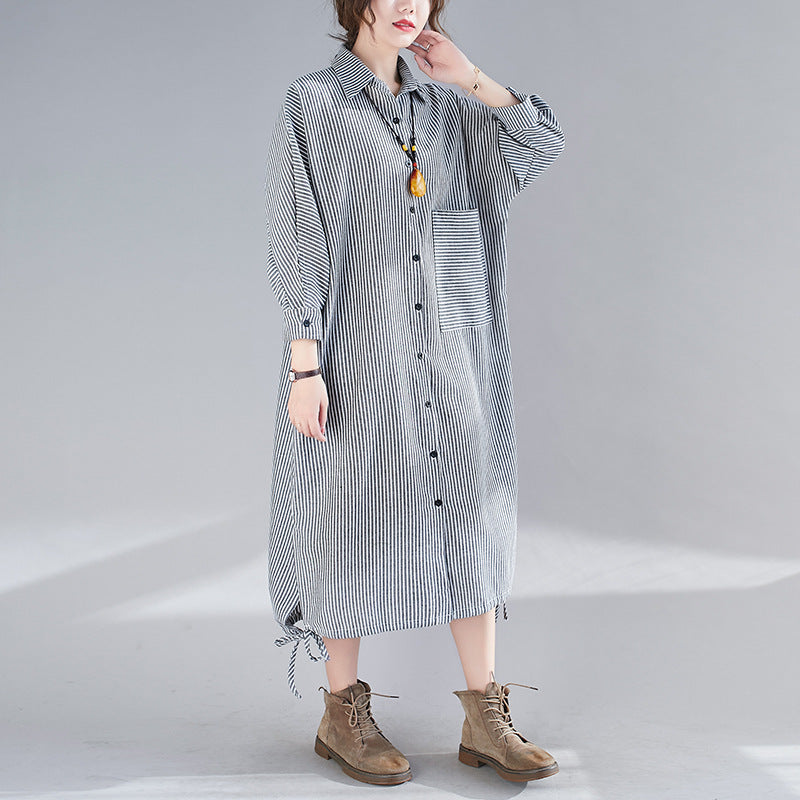 Loose Bat Sleeves Striped Split-Joint Blouse Dress