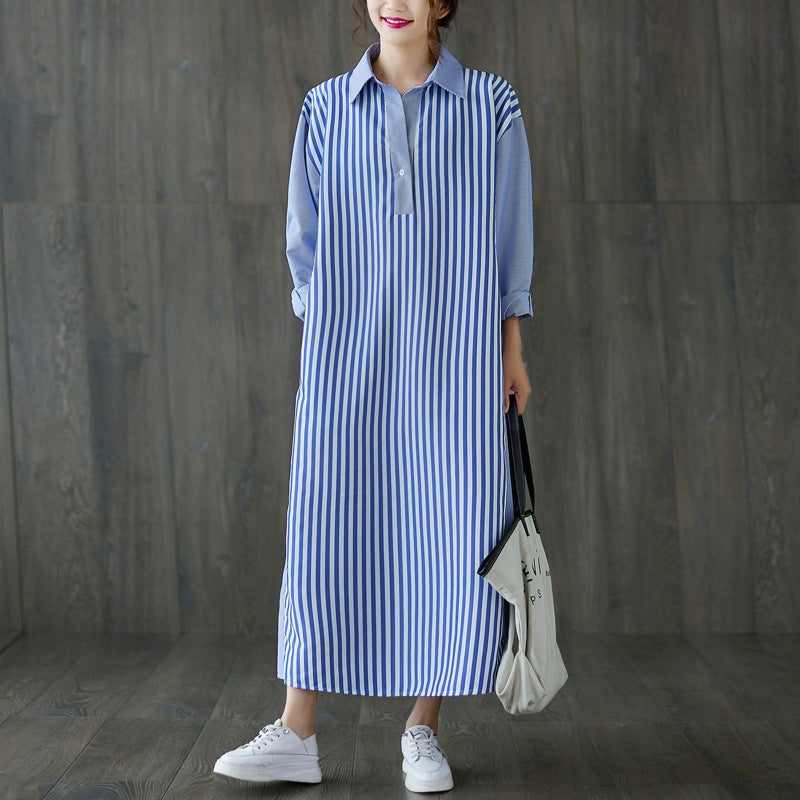 Loose Color Contrast Stripe Stitching Midi  Dress