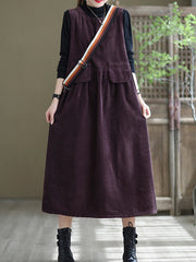 Round Neck Solid Loose Corduroy Midi Dress